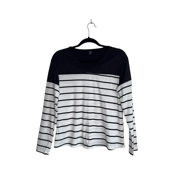 Shein Striped Top White Black Contrast Ribbed Fitted Long Sleeve - Image 2