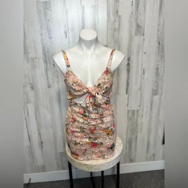 Kira Kira Sequin Floral Bodycon Dress with Front Tie Cutout – Size Large - Image 5