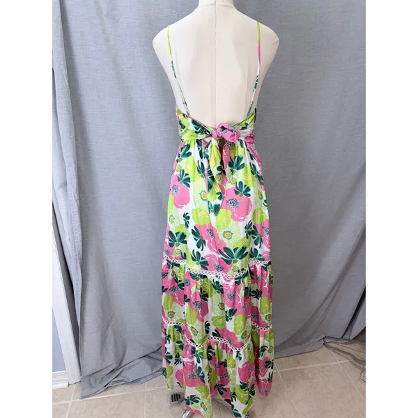 NWT Rubienn Maxi Dress L Pink Lime Green Floral Low Back Tiered Lace Trim Resort - Image 4