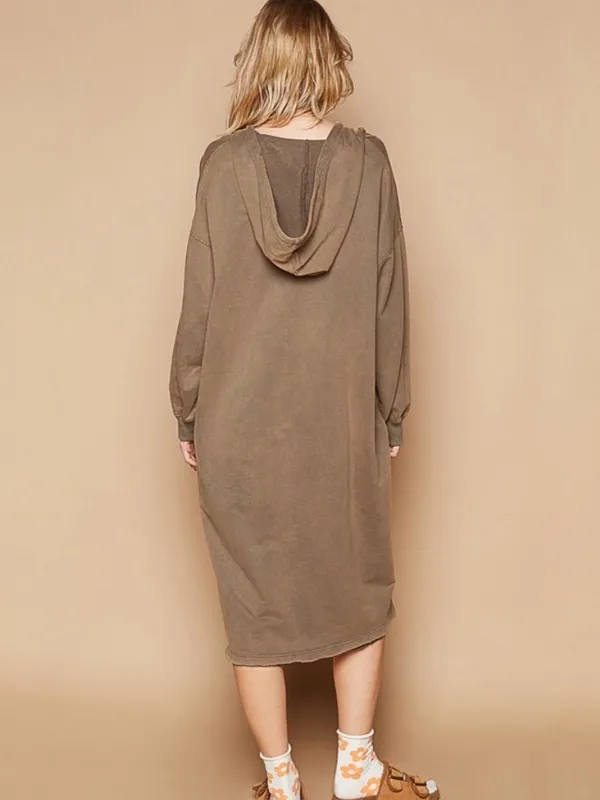 POL Vintage Washed V-Neck Long Sleeve French Terry Hoodie Lounge Dress Taupe - Image 2