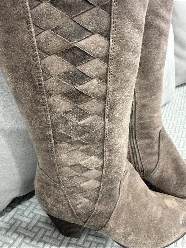 Fergalicious Taupe Suede Over-the-Knee Woven-Panel Boots Size 7.5 - Image 3
