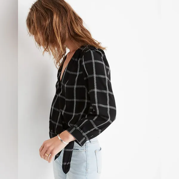 Madewell Viscose Wrap Side Tie Cropped Top in Black & White Windowpane Size XXS‎ - Image 4
