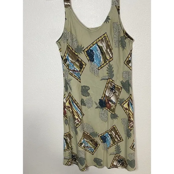 Hilo Hattie Hawaiian Dobby Rayon Sundress Beige Blue Green Size L - Image 9