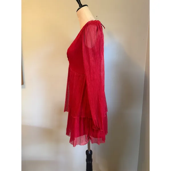 Francescas Red Metallic Tiered Mini Dress Sleeve S NWT y2k party festive dainty - Image 6