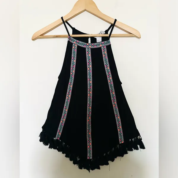 H&M Boho Coachella Tassel Tank Women’s Black‎ Geometric Trim Sz 6 - Image 2