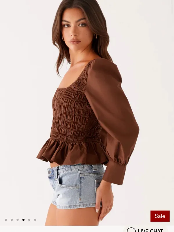 Peppermayo Joyce Long Sleeve Cotton Shirred Top - Chocolate - Image 4