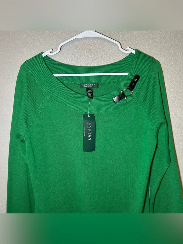 NEW Ralph Lauren Green Cotton Ribbed Trim Preppy Pullover Sweater Women’s Large - Image 2