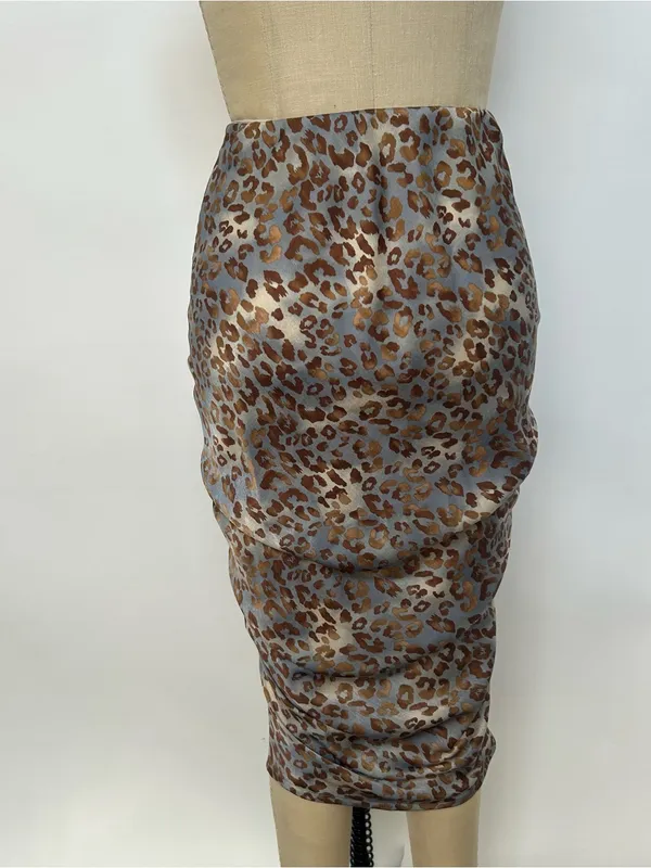 Miou Muse Leopard Satin Pencil Skirt in Gray & Brown - Image 3