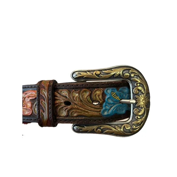 Nocona Womens Floral Tooled Leather Belt Rhinestone Hibiscus Western Brown Large - Image 3
