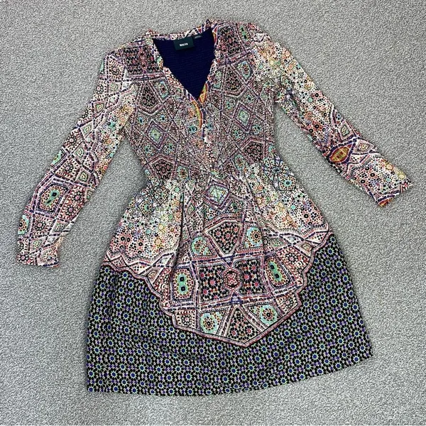 Maeve Anthropologie‎ Tiled Amethyst Dress XS Smocked Long Sleeve Boho Mosaic - Image 13