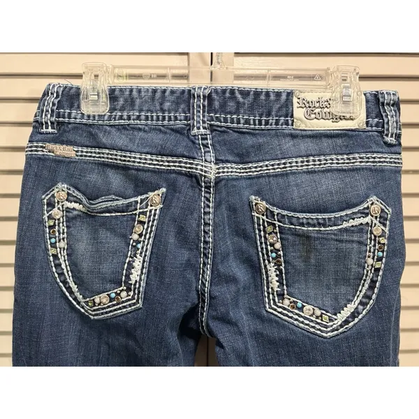 Rock & Roll Cowgirl‎ Bootcut Denim Jeans Pocket Beads Embroidered Gems Sz 29x32 - Image 4