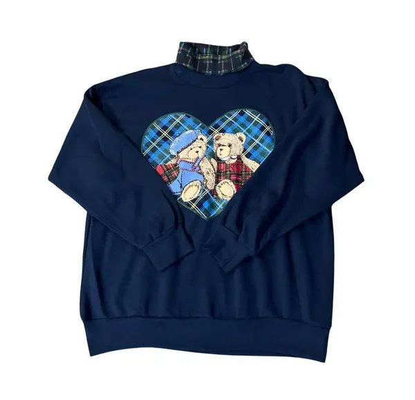Vintage Basic Editions Turtleneck Sweatshirt Womens M Teddy Bear Plaid USA - Image 14
