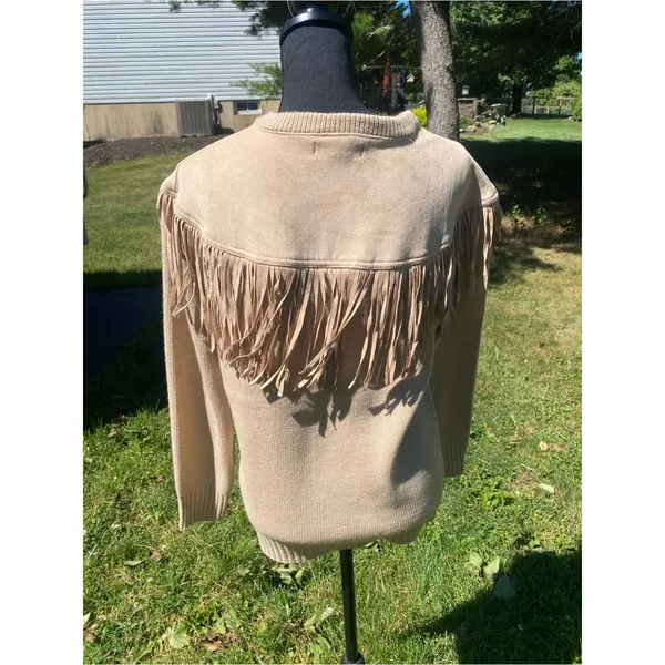 Rockin C Fringe Yoke Crewneck Sweater Beige Western Cowgirl Cozy Fall - Image 2
