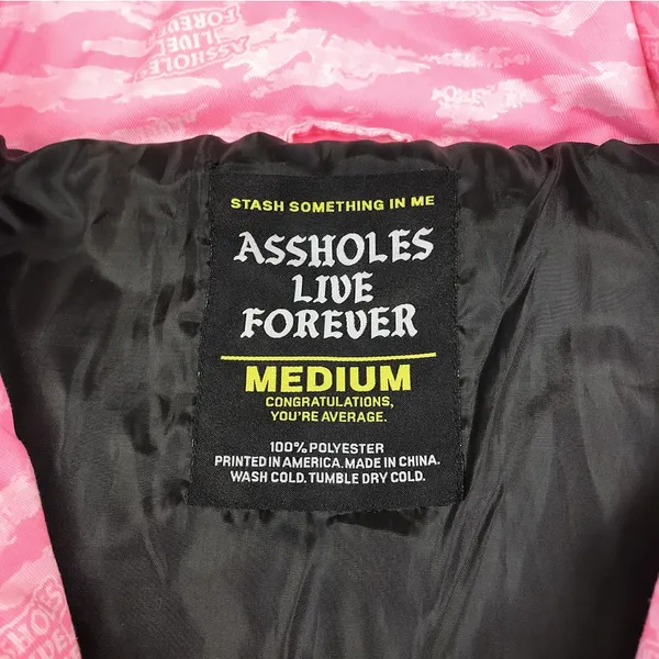 ASSHOLES LIVE FOREVER Tiger Camo Embroidery Puffer Jacket Sz M Pink Rare City - Image 11