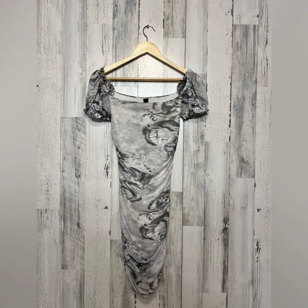 AKIRA Women’s Small Gray Dragon Print Mesh Mini Dress Puff Sleeve Ruched Bodycon - Image 8