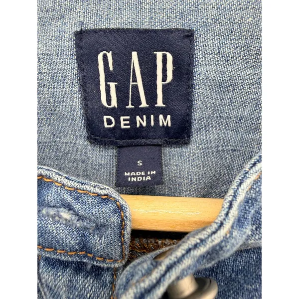 Gap Denim Blue Cotton Band Collar Button Front Shift Dress Womens Small Pockets - Image 3