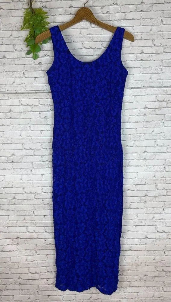 Vintage Cobalt Blue Lace Bodycon Maxi Evening Dress - Image 2
