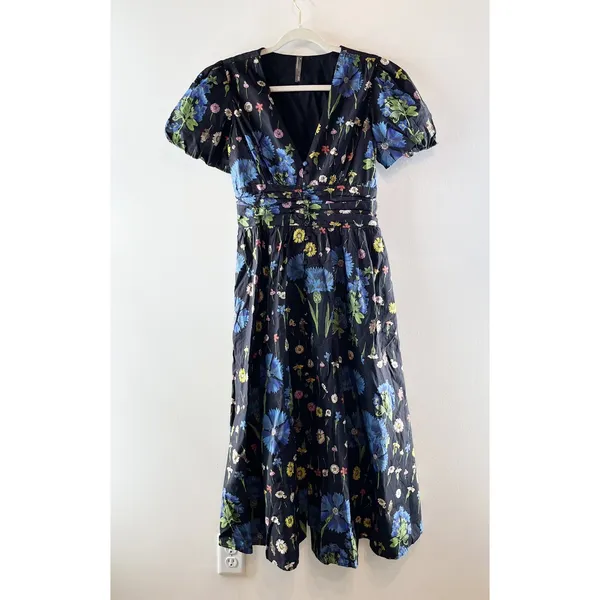 Anthropologie The Katerina Button Front Floral Short Sleeve Midi Dress Blue S - Image 2