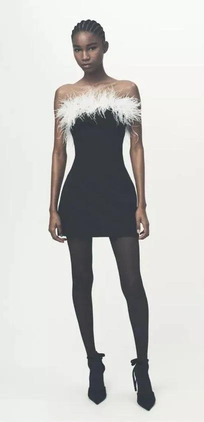 Zara dress mini bodycon Elegant Black and White Feather holiday party coctail - Image 17