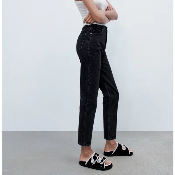 Zara Mom Jeans Womens 4 Black High Rise Straight Rigid Clean Girl Minimalist - Image 2