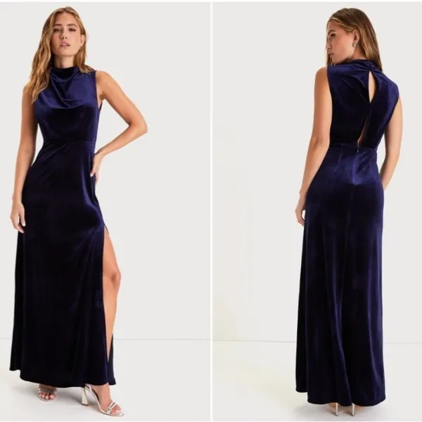 LULU's Elegant Special Event Wedding Bridesmaid Flowy Modest Blue Velvet Gown - Image 4