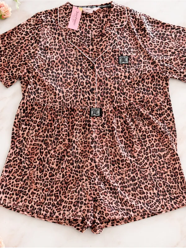 Juicy Couture Leopard Satin Pajama Set Pink Animal Print Shorts Set NWT - Image 2