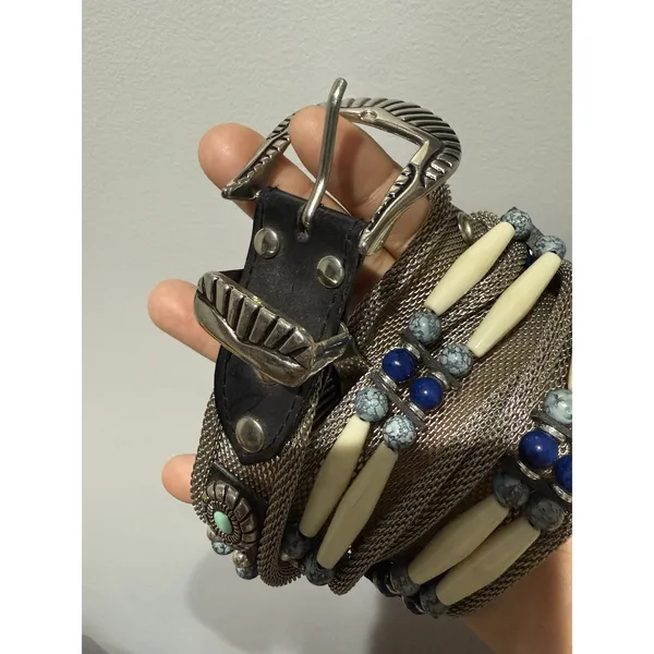 Vintage Chainmail Belt Woven Metal‎ Beaded Turquoise Blue Sz 32 37" Western - Image 4