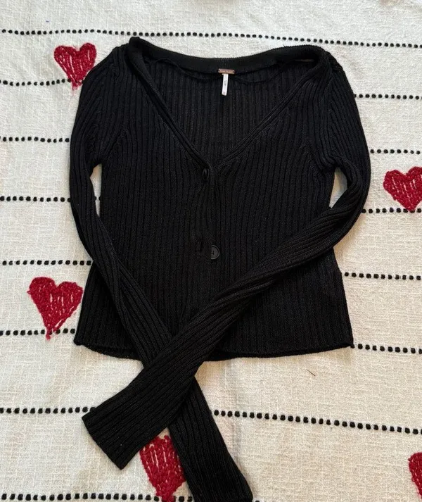 Free People Black Ribbed Button Down Shirt - Image 2