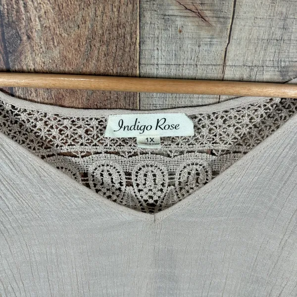 Indigo Rose 1X Beige Crinkle Gauze Blouse Lace Crochet Boho Cottagecore Top Plus - Image 3
