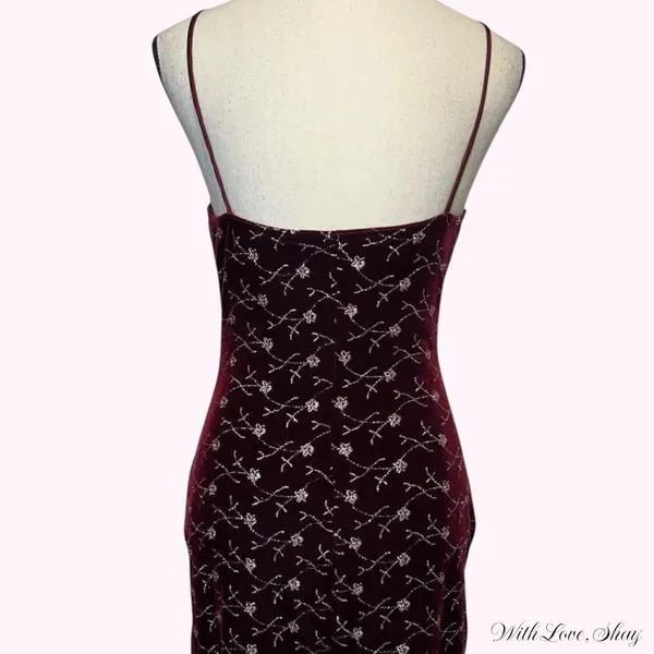 90s vintage square neck burgundy and silver glitter floral maxi velvet dress - Image 3