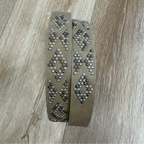 NEW Boho Western Geometric Studded Vegan Leather Belt Khaki - Image 2