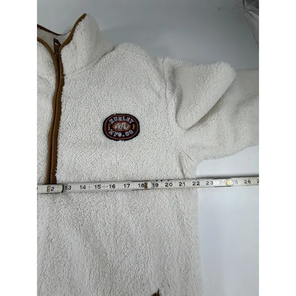 Hurley Womens Sherpa Fleece Quarter Zip Pullover Cream Brown Elbow Patch Medium - Image 3