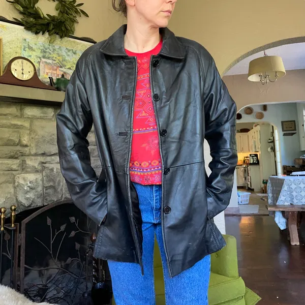 90s oversized genuine lambskin longline leather coat jacket black buttery - Image 4