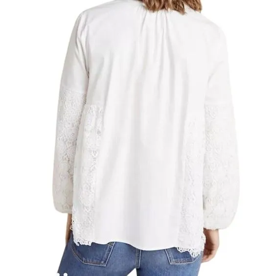 White Cotton Blouse with Floral‎ Lace Bell Sleeve Romantic Victorian Style Top - Image 9