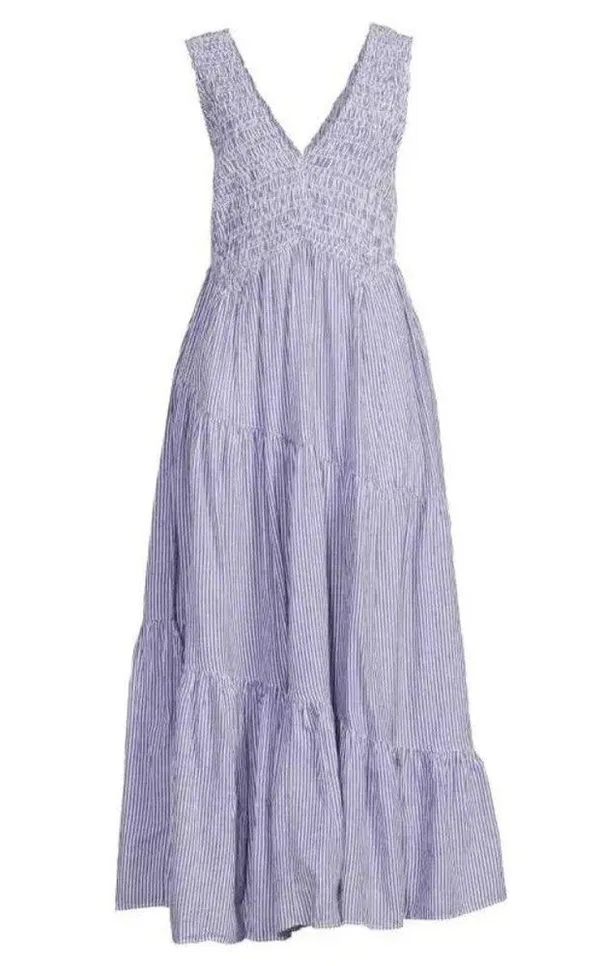 NWT Free People Juno Maxi in Ivory Blue Striped Cotton Smocked Dress S - Image 3