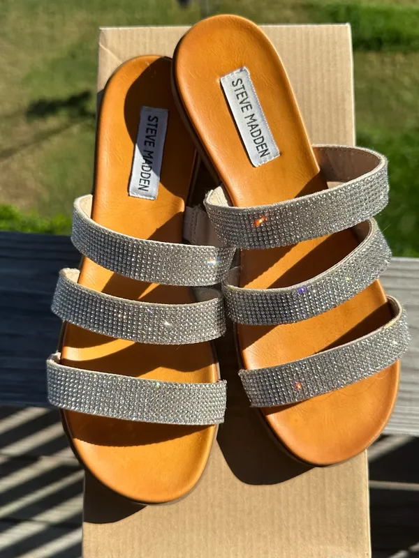 Steve Madden Crystal Triple-Strap Slide Sandal in Tan and Silver - Image 5
