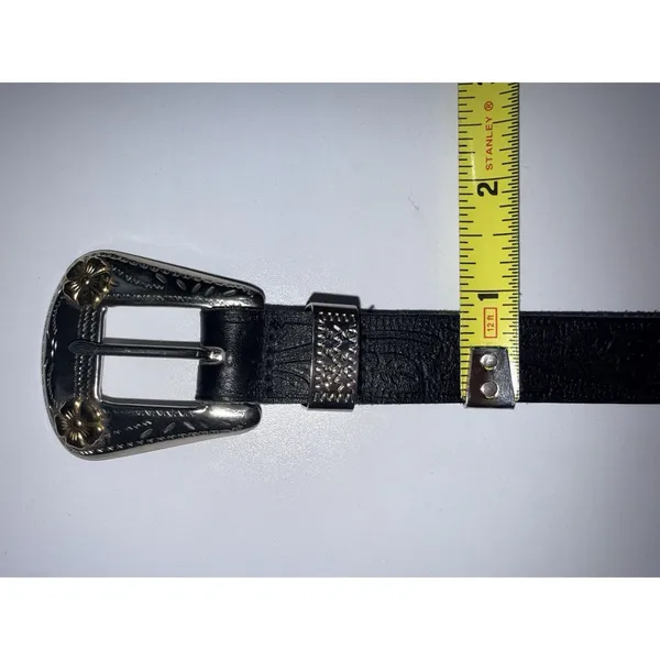 Vintage Nicole Black Suede Silver Western Buckle Belt - M/L 38.5" Slim‎ - Image 7
