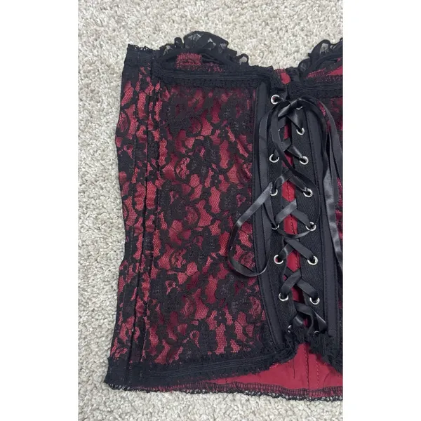 Black Red Lace Bustier Corset Top Strapless Gothic Victorian Style Size M - Image 6