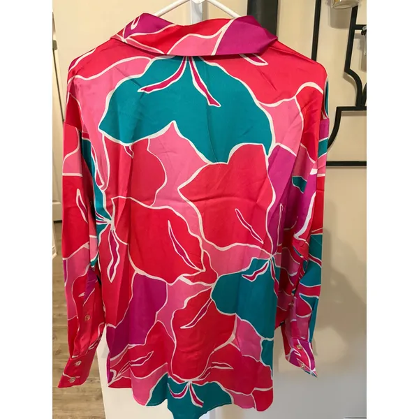 Entro Women Pink Teal Abstract Floral Satin Button Down Blouse Long Sleeve Small - Image 6