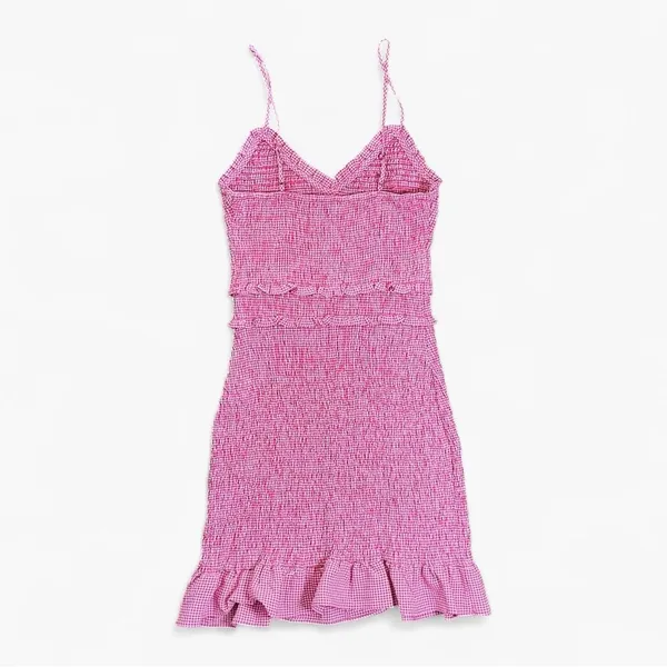 Skies Are Blue Pink Gingham Smocked Mini Dress XS Ruffle Hem Cami Cottagecore - Image 4