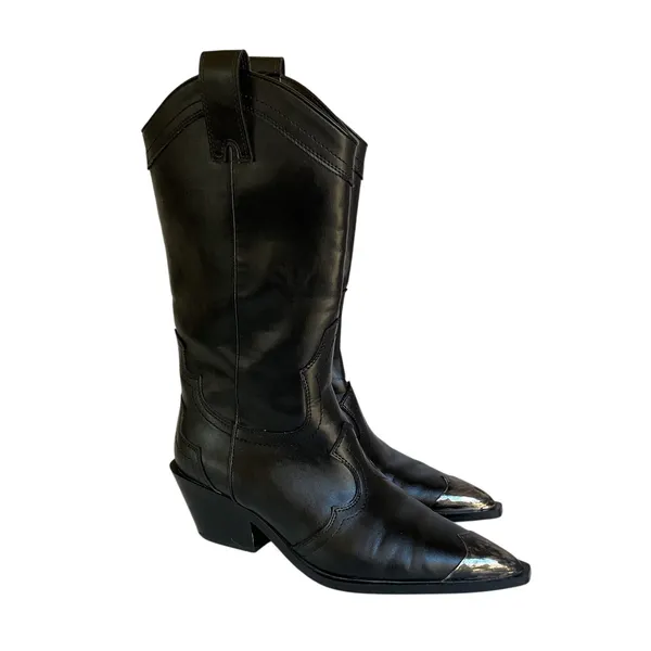 ZARA Women’s Black Western Cowboy Boots Size 37 US 6.5 Silver Metal Toe Y2K - Image 2