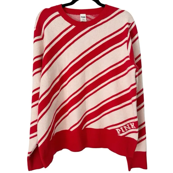 Victoria's Secret Pink Red & White Candy Cane Stripe Crewneck Sweater Size XL - Image 3