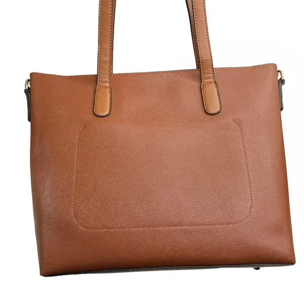 Faux Leather Brown Double Handle Red Lined Tote Bag Purse - Image 7