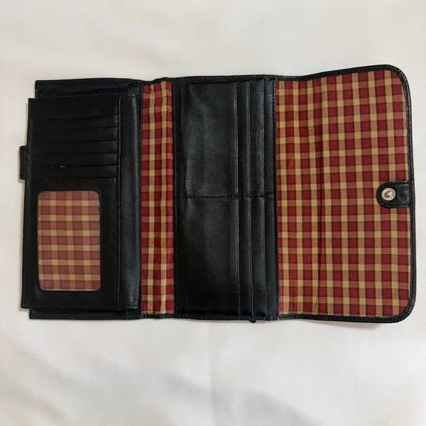 Dockers Black Leather Tri-Fold Continental Wallet Plaid Lining Checkbook Holder - Image 2