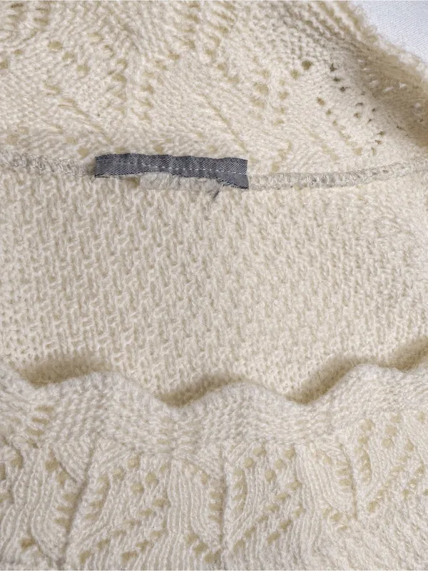 Vintage Ivory Pointelle Knit Flutter Sleeve Scalloped Sweater Top - Image 7