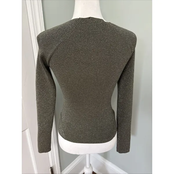 House of Harlow 1960 Small Sparkle Long Sleeve Rib‎ Knit Top Silver Green - Image 2