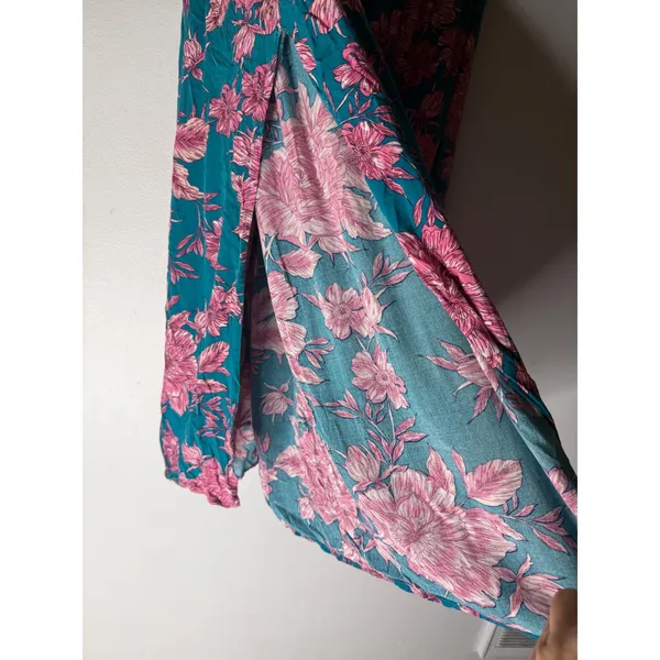 Abel the Label Teal Pink Floral Maxi Skirt High Slit Boho Rayon Womens Size M - Image 3