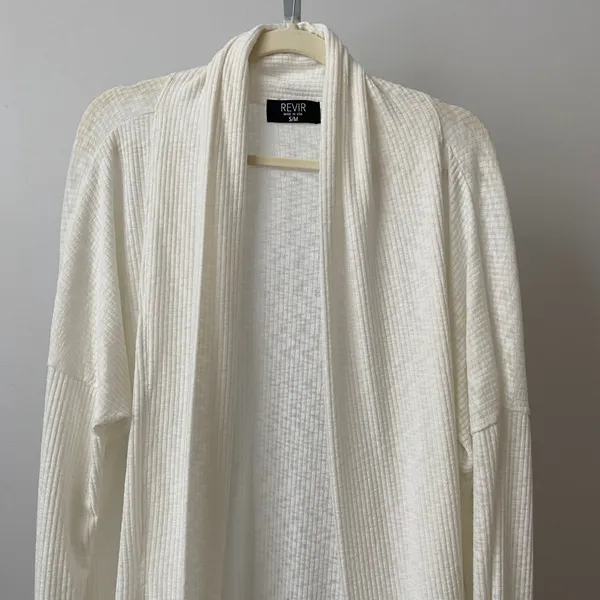 REVIR Rayon Blend Boho Relaxed Clean Coastal Dainty Ribbed Cardigan S/M White - Image 2