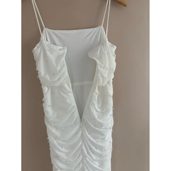 Lulus Toast to Romance White Ruched Pearl Bodycon Midi Dress Size Small Bridal - Image 9