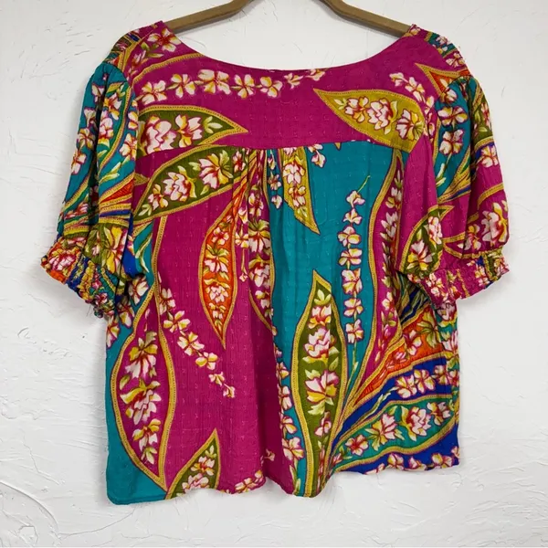 Haute Hippie Pink Blue Tropical Floral Print Blouse Womens XL Beachy Vacation - Image 9